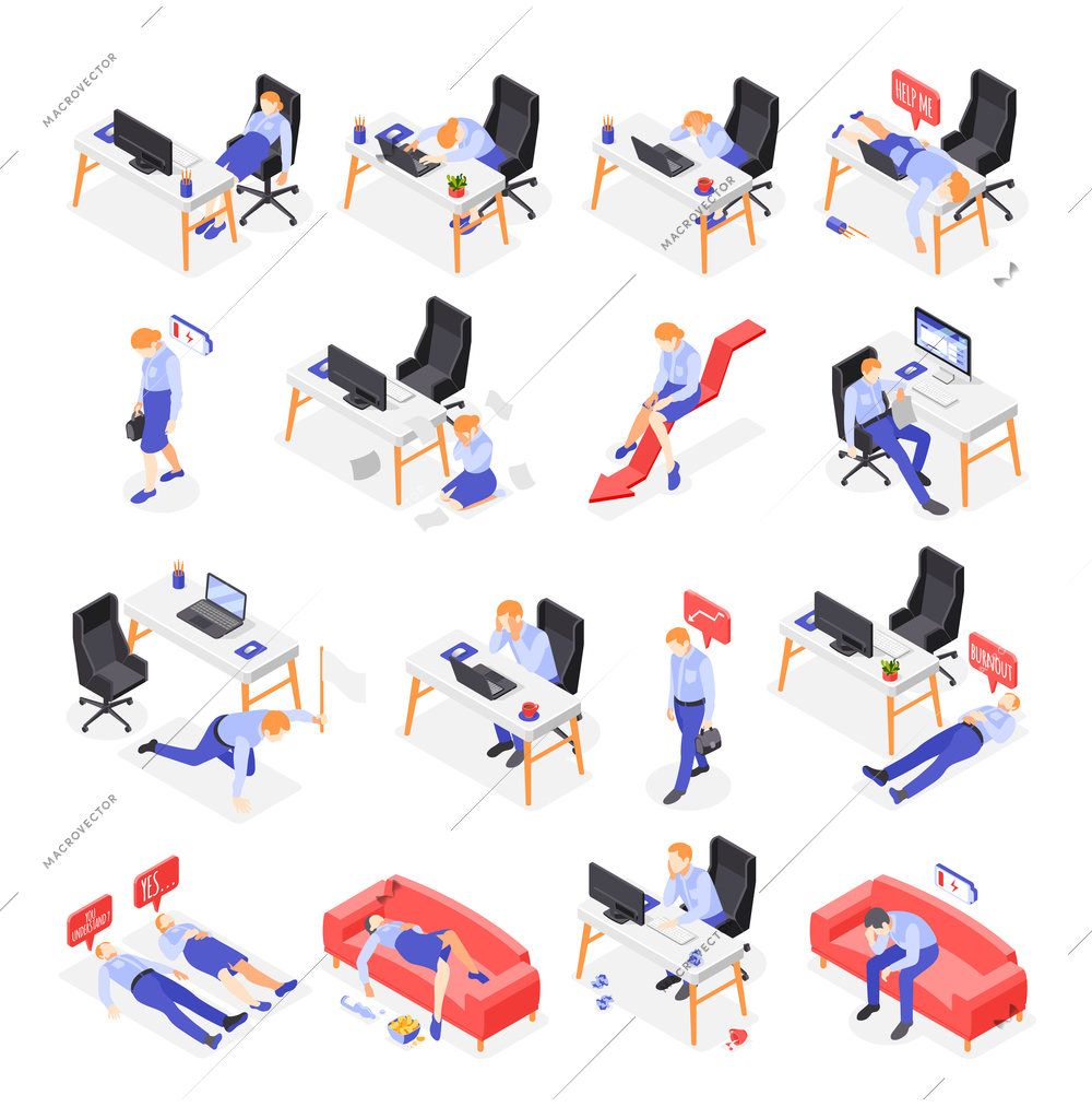 Burn-out syndrome isometric icons set with work symbols  isolated vector illustration