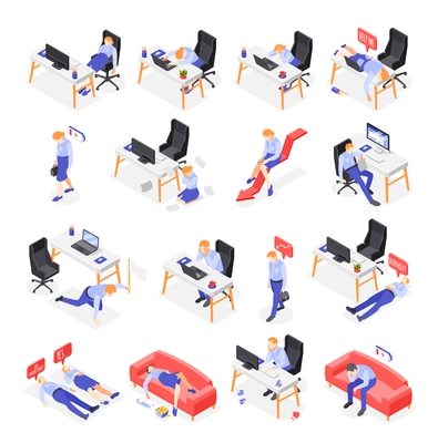 Burn-out syndrome isometric icons set with work symbols  isolated vector illustration