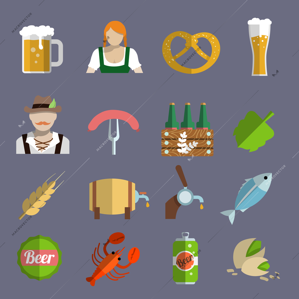 Beer icons set with barrel glass and fork with sausage isolated vector illustration