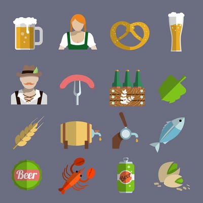 Beer icons set with barrel glass and fork with sausage isolated vector illustration