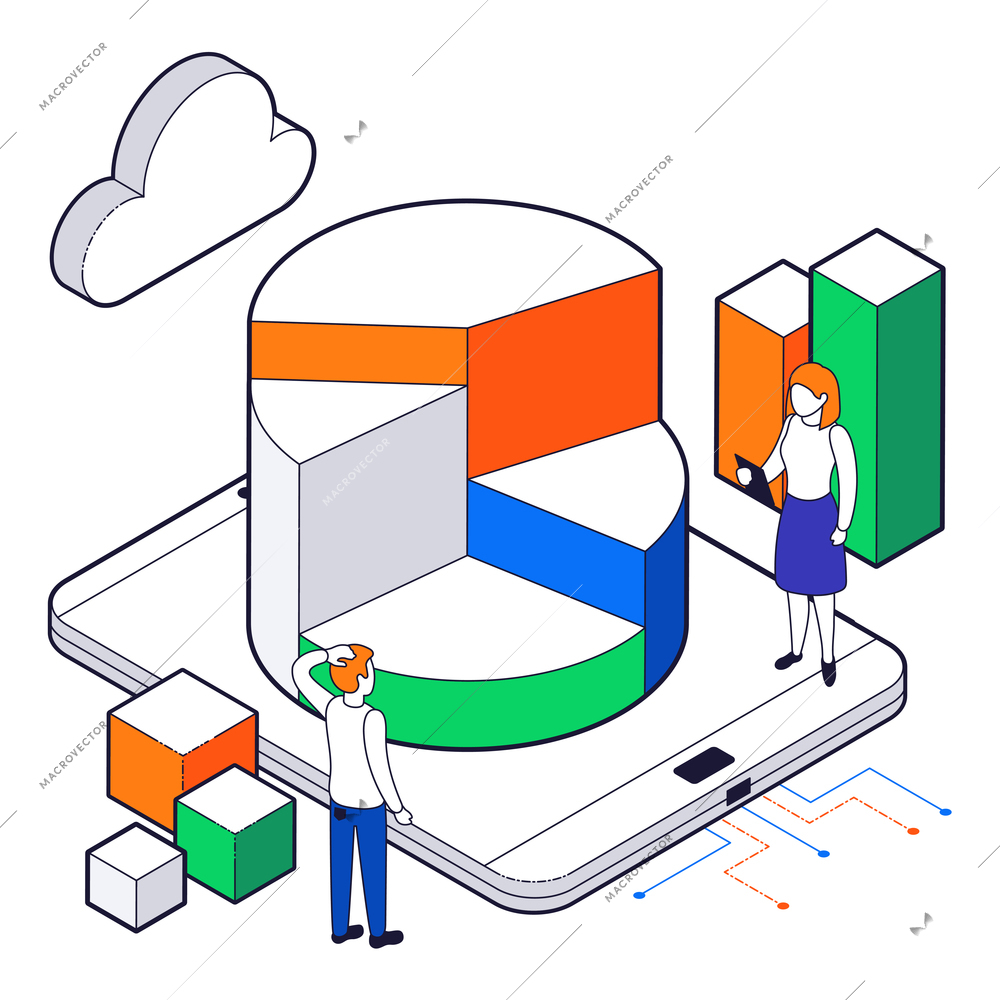 Colored big data science analysis isometric two people analyze the work of a smartphone vector illustration