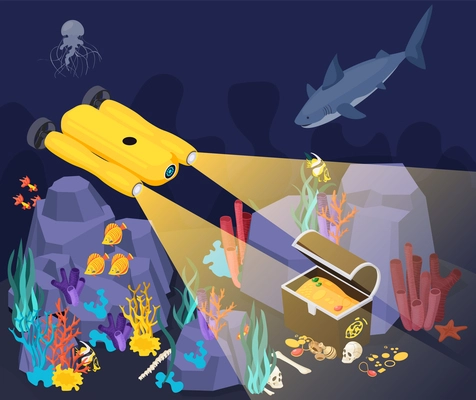 Underwater vehicles machines isometric composition yellow machine found a treasure at the bottom of the sea