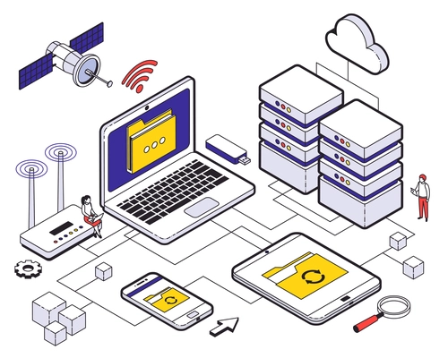 Web hosting isometric composition with spider web of steps and elements of wireless vector illustration