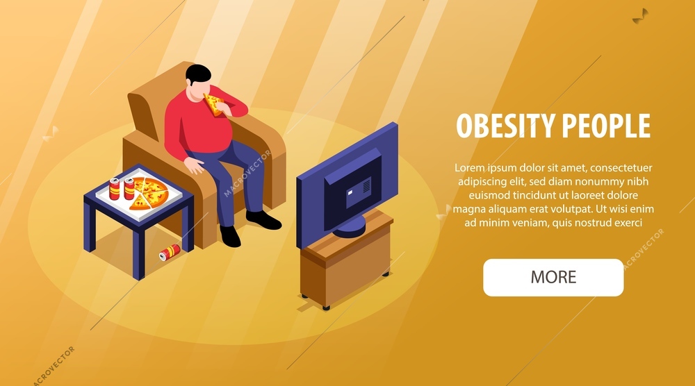 Isometric obesity horizontal banner with editable text and button with man eating pizza while watching tv vector illustration