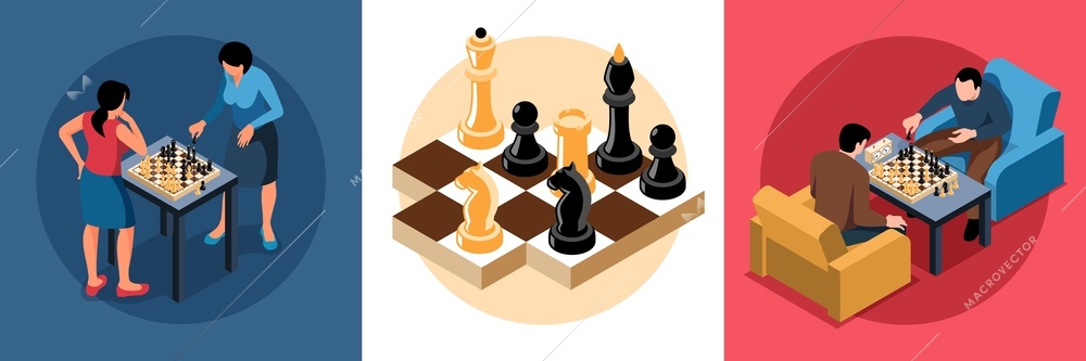 Isometric chess design concept with human characters playing game on chequerboard and closeup view of figure vector illustration