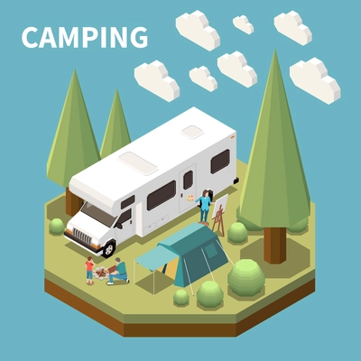 Isometric concept with woman painting and man with child making fire at camping site 3d vector illustration