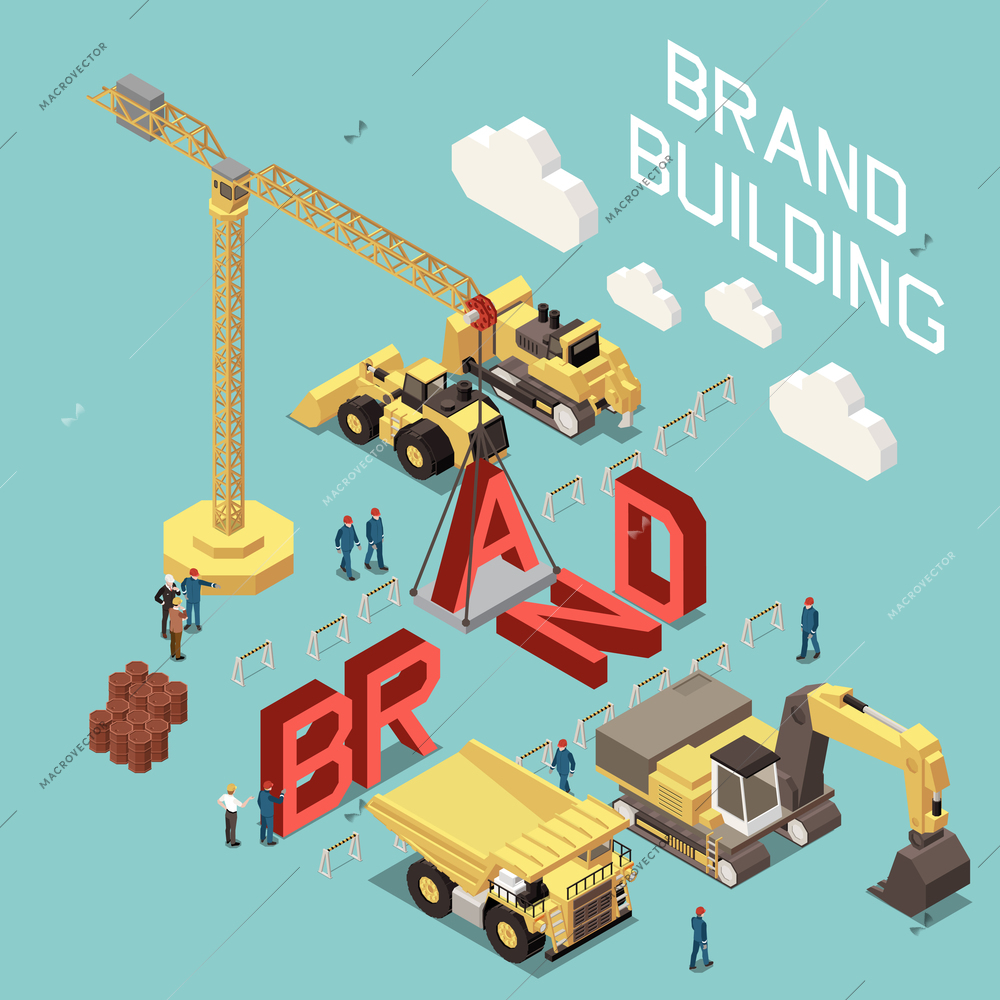 Brand building isometric concept with machinery and people working on construction site 3d vector illustration