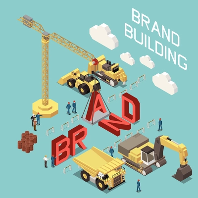 Brand building isometric concept with machinery and people working on construction site 3d vector illustration