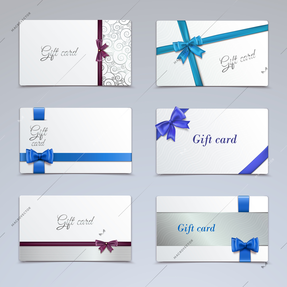 Gift cards vouchers elegant paper ribbon certificates template set isolated vector illustration