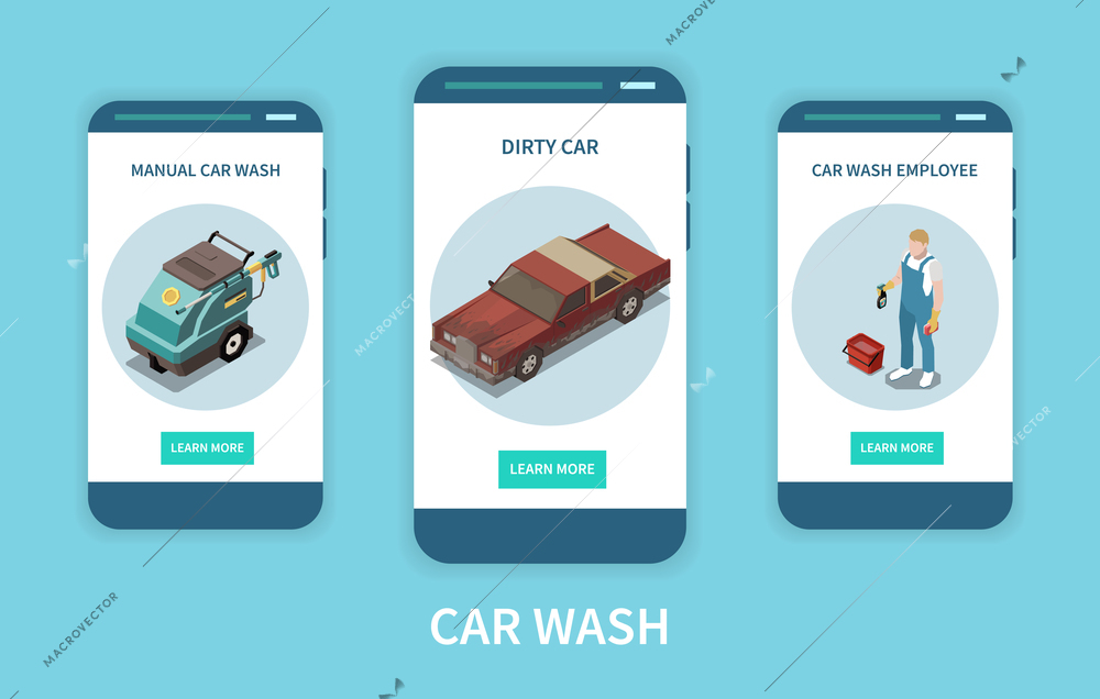 Isometric banners set with car wash employee and dirty passenger car isolated on blue background 3d vector illustration