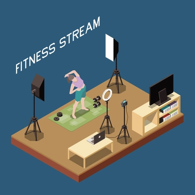 Vlogging isometric concept with female fitness blogger streaming workout 3d vector illustration