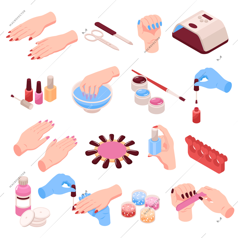 Manicure isometric set of female hands and various manicure accessories including scissors nail file tweezers nail polish isolated vector illustration