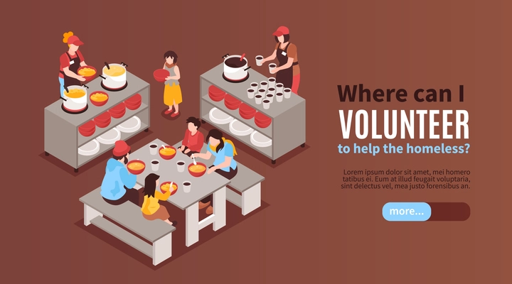 Charity isometric horizontal banner with volunteers feeding poor homeless people in shelter  vector illustration