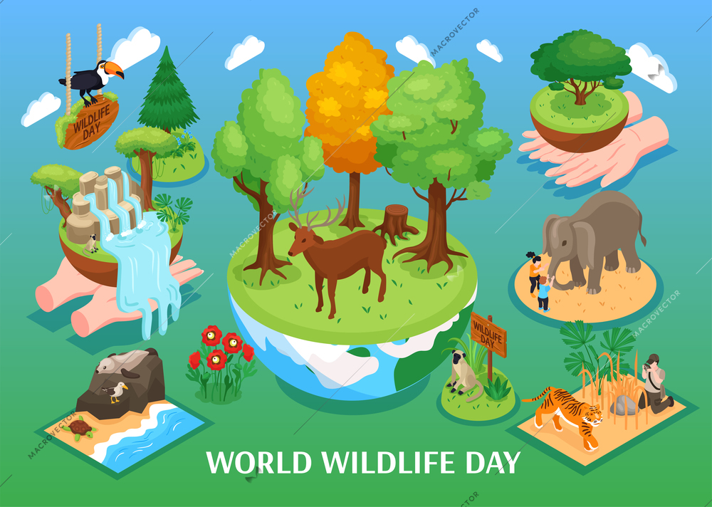 World wildlife day isometric background with cartoon animals of forest jungle savannah and ocean vector illustration