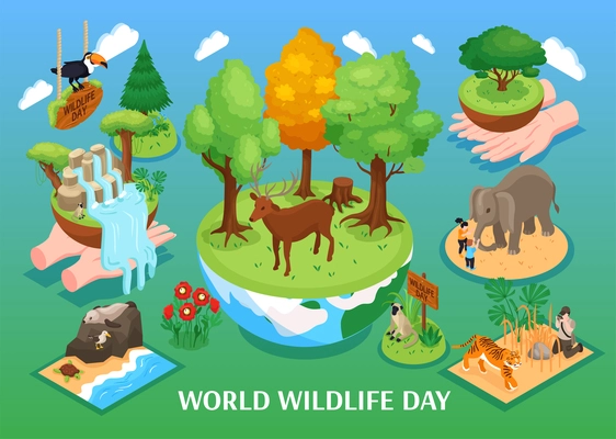 World wildlife day isometric background with cartoon animals of forest jungle savannah and ocean vector illustration