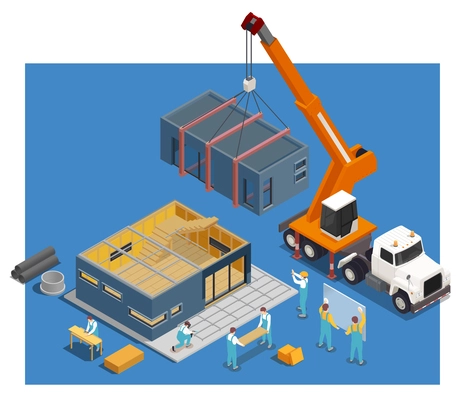 Modular frame building isometric composition with image of house under construction and truck with crane box vector illustration