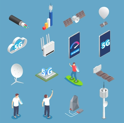 5g high speed internet isometric set of isolated icons of routers smartphones and characters of users vector illustration