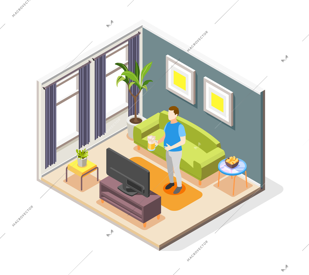 Men loneliness and leisure time problems isometric composition with man home drinking beer watching tv vector illustration