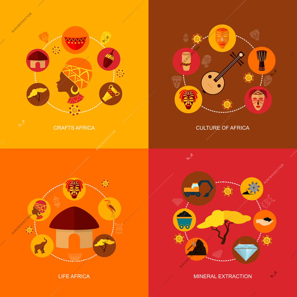 Africa flat icon composition with crafts culture life mineral extraction isolated vector illustration