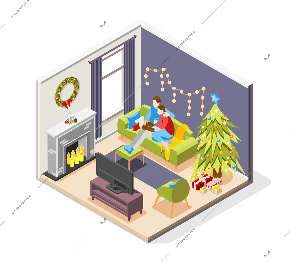 Christmas mood isometric composition family watching tv on sofa home with firtree and light garland vector illustration