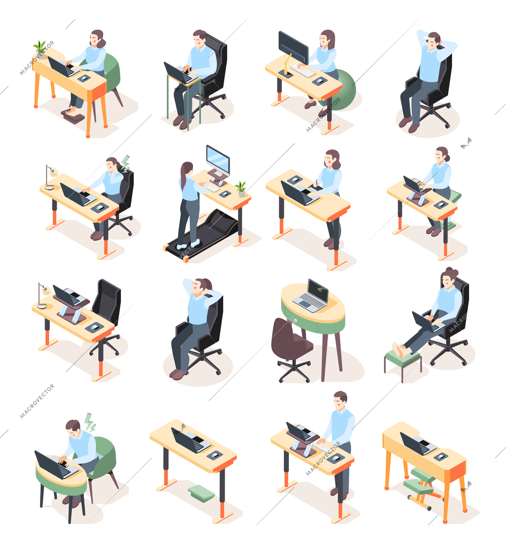 Set of isolated ergonomic workplace isometric icons with human characters of office workers at computer tables vector illustration