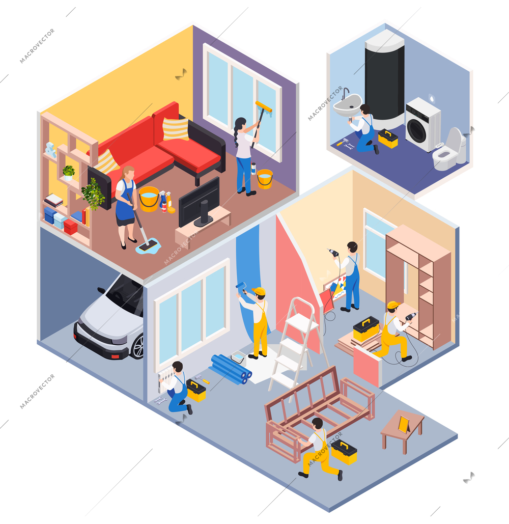 Renovation repair works isometric composition with profile view of living house rooms with workers cleaners group vector illustration