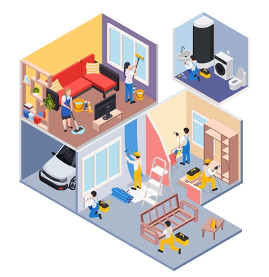 Renovation repair works isometric composition with profile view of living house rooms with workers cleaners group vector illustration