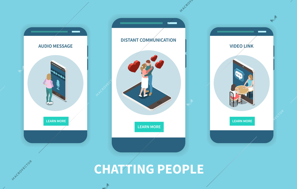 Chatting people mobile app concept with audio message distant communication and video link isometric icons on smartphone screens vector illustration
