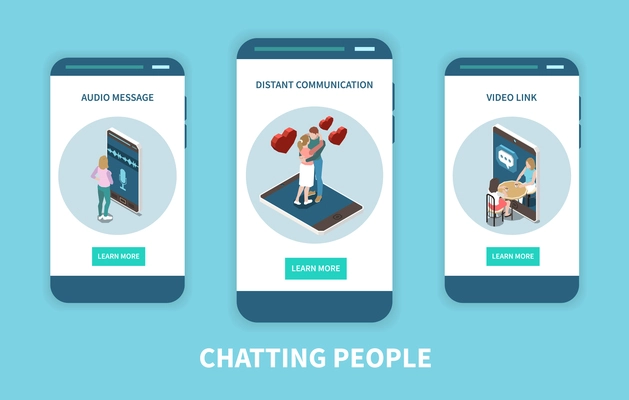 Chatting people mobile app concept with audio message distant communication and video link isometric icons on smartphone screens vector illustration