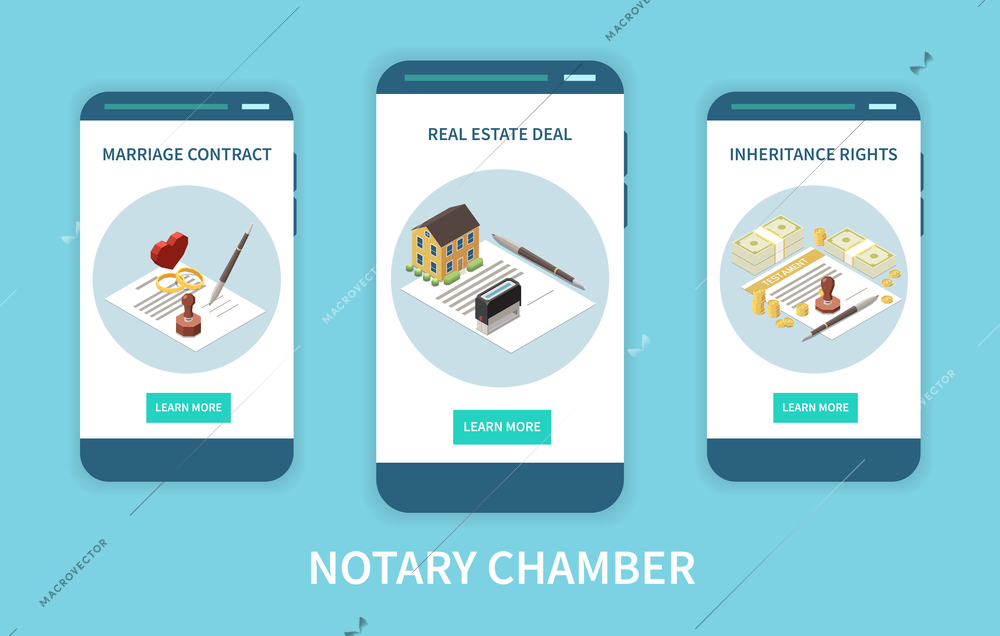 Notary chamber mobile app concept with  marriage contract real estate deals inheritance rights  functions on smartphone screens isometric vector illustration