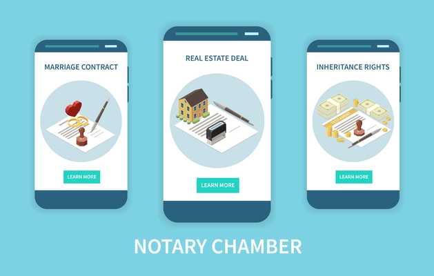 Notary chamber mobile app concept with  marriage contract real estate deals inheritance rights  functions on smartphone screens isometric vector illustration