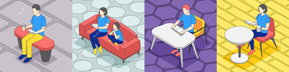 Reading people isometric 4x1 design concept with people sitting with books on different pieces of furniture vector illustration