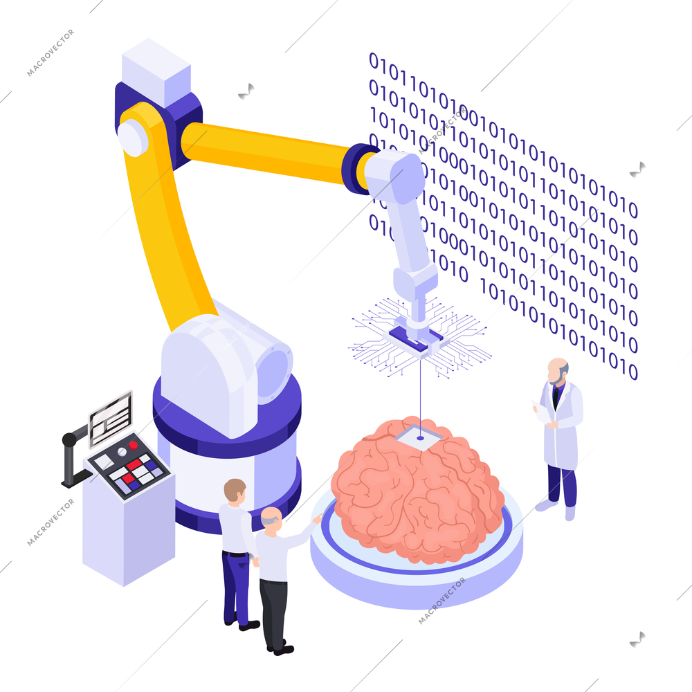 Fully automated brain chip installation system innovative technologies isometric composition with robotic arm performing surgery vector illustration