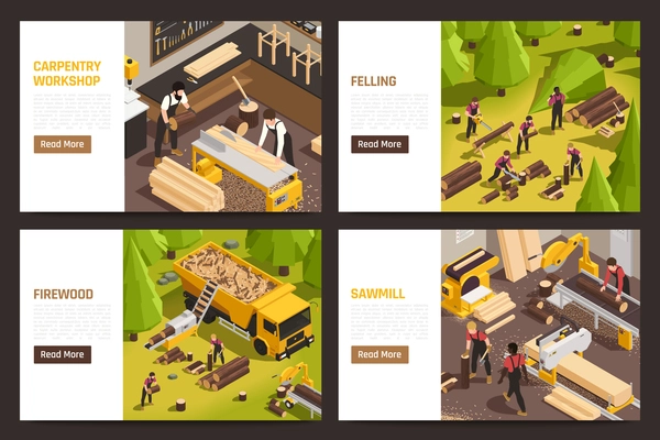 Isometric horizontal banners set with lumberjacks working in forest carpentry workshop sawmill 3d isolated vector illustration