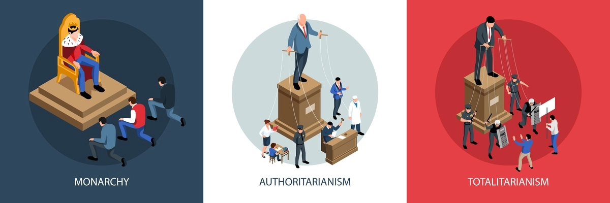 Isometric political systems design concept with text captions and compositions with visual representations of politic regime vector illustration
