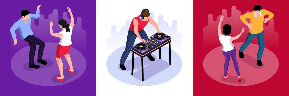 Isometric dj design concept with square compositions of playing disk jockey and people dancing on dancefloor vector illustration