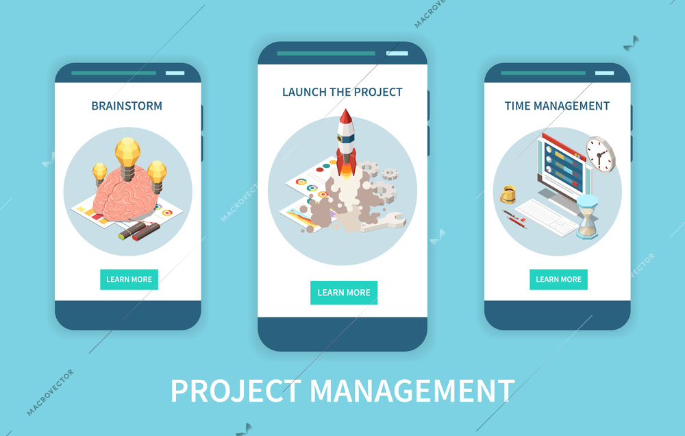 Set of vertical project management banners with isometric images of brainstorm and rocket launch with buttons vector illustration