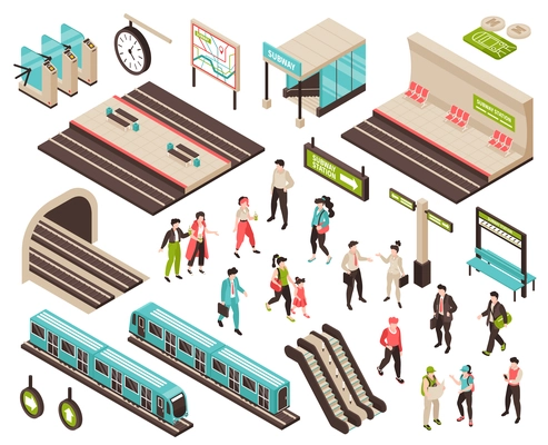 Isometric subway people set with isolated characters of waiting passengers icons of trains platforms and escalators vector illustration