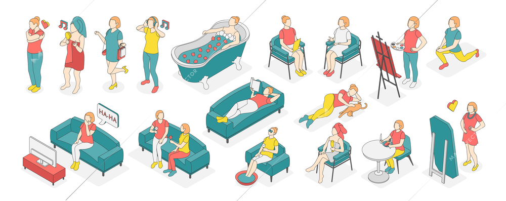 Self care concept isometric colored icon set with different types of recreation and activities at home vector illustration