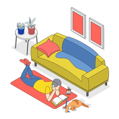 Hygge lifestyle colored isometric background with man and cat lie on carpet and he reads a book with a hot drink vector illustration