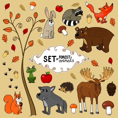 Autumn north forest animals set vector illustration