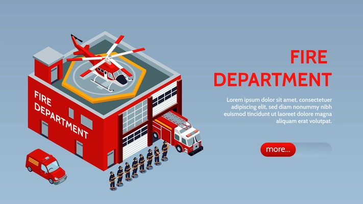 Fire department horizontal banner with fire trucks in garage  helitack on roof of building and brigade of firefighters isometric vector illustration