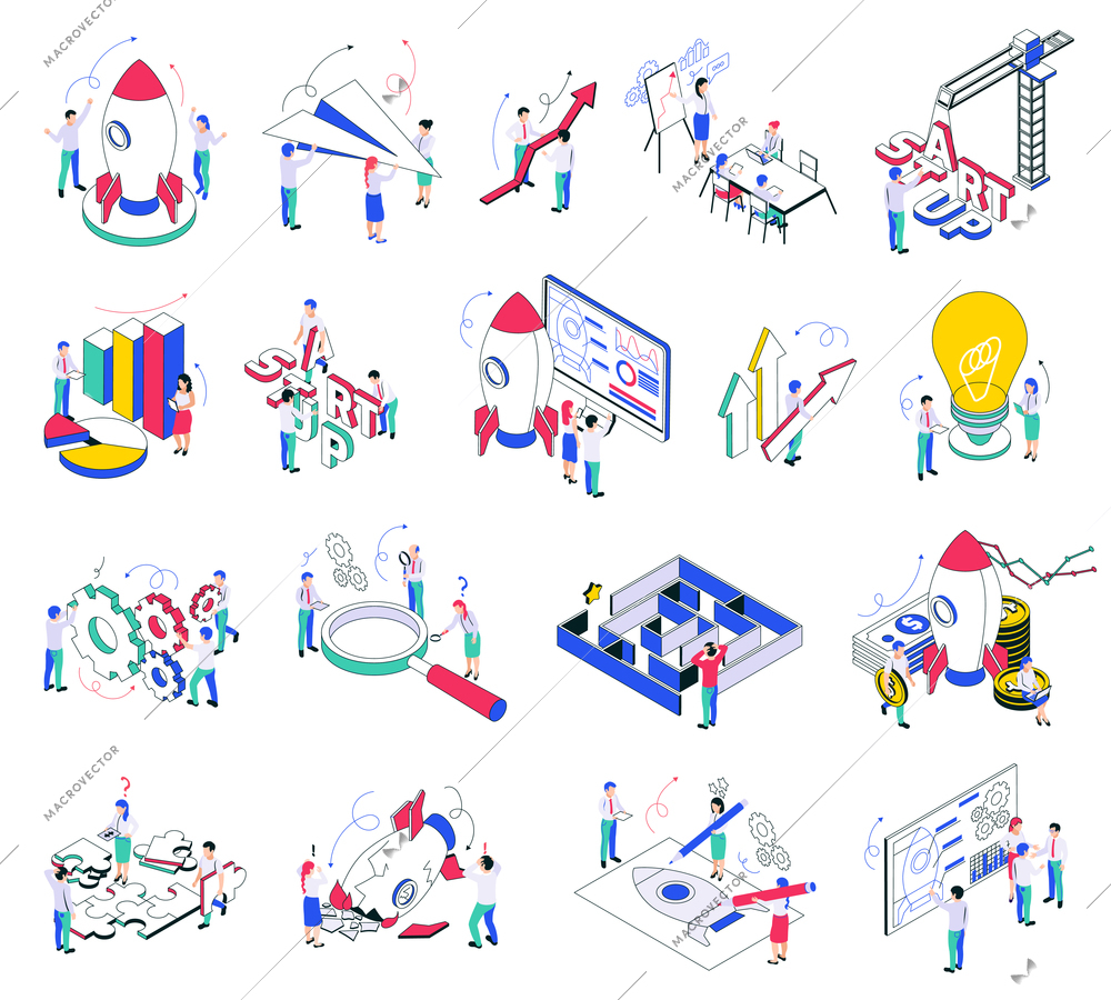 Business idea strategy and  startup isometric color icons with people participating in the creation of new projects isolated vector illustration