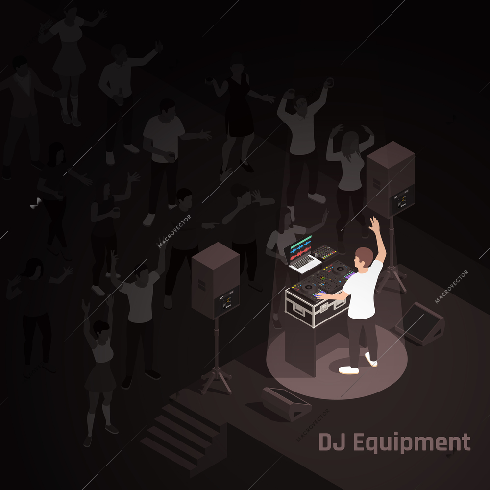 Disco night party isometric composition with dj onstage in laser light projector spotlight using equipment vector illustration