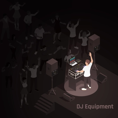 Disco night party isometric composition with dj onstage in laser light projector spotlight using equipment vector illustration