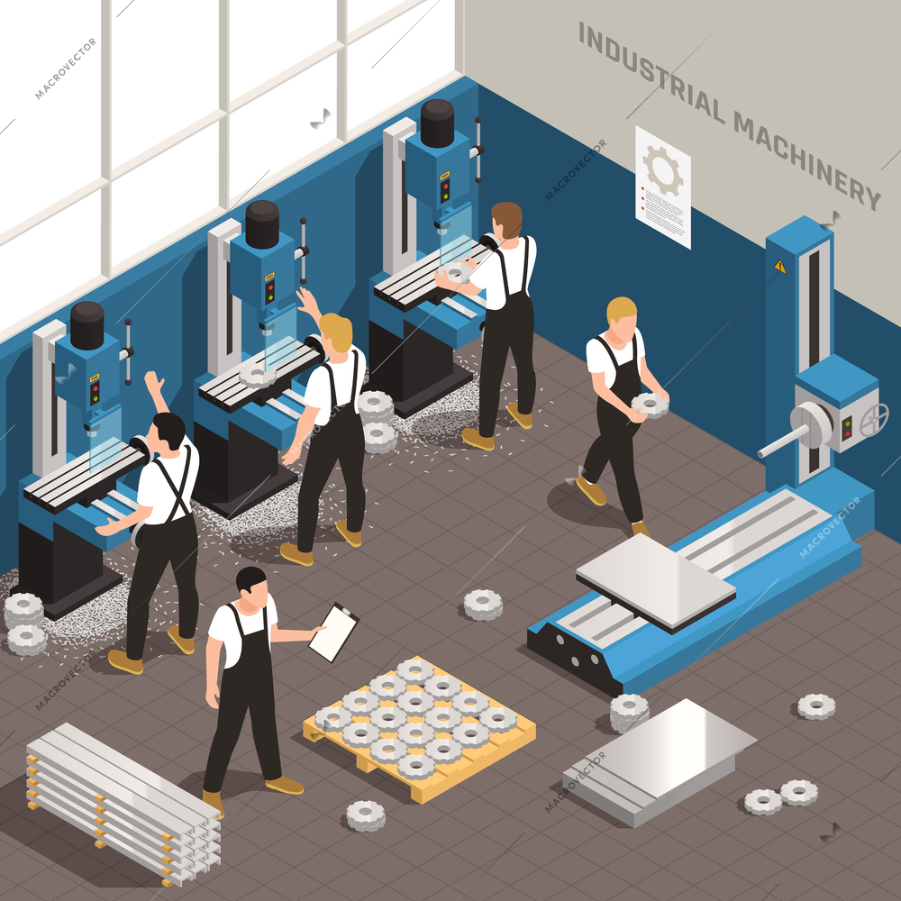 Industrial metalworking facility manufacturing process isometric composition with workers using milling drilling cutting machinery vector illustration