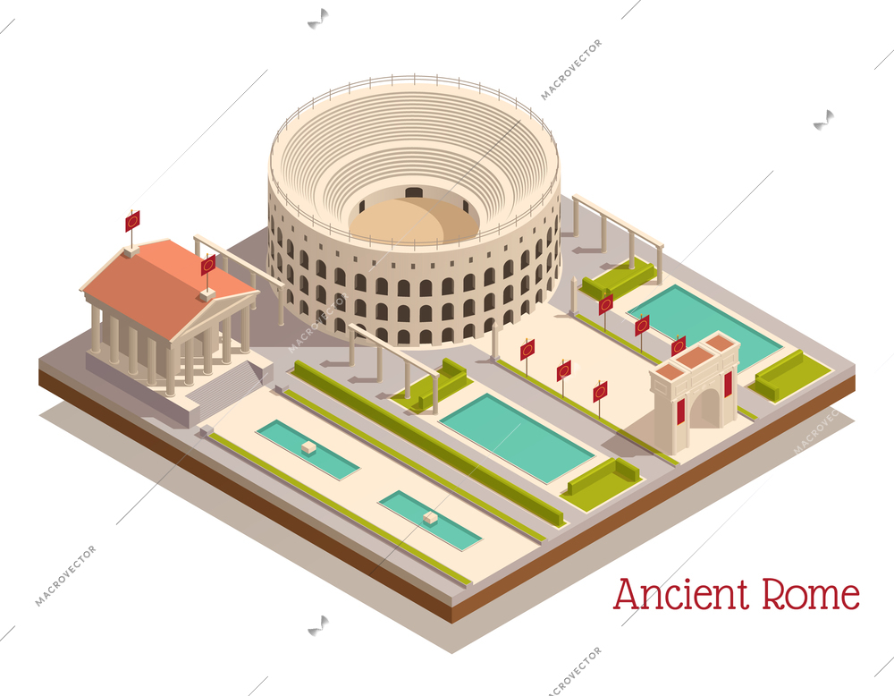 Ancient rome tourists attractions landmarks isometric composition with triumphal arch colosseum pantheon columns pillars ruins vector illustration