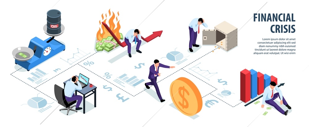 Isometric world financial crisis infographics with editable text silhouettes of graphs and unhappy business people characters vector illustration