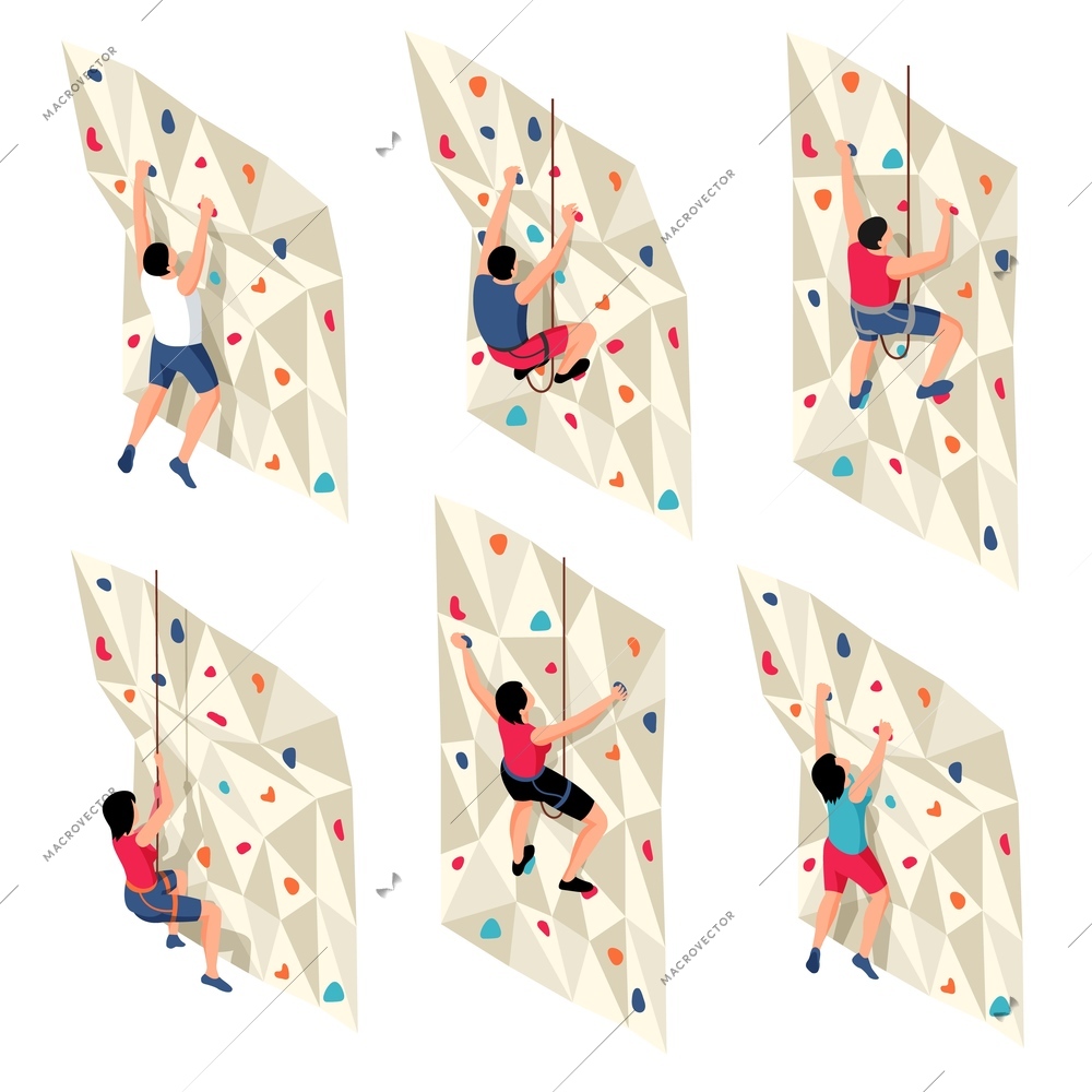 Isometric climbing set with isolated icons characters of training people on ropes climbing up training wall vector illustration