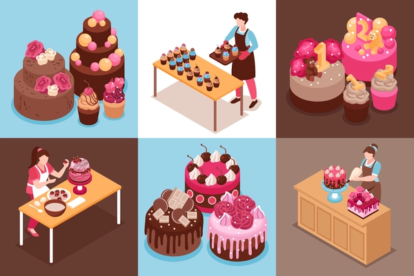 Isometric homemade cake design concept set with wedding modern and for children cakes and cupcakes vector illustration